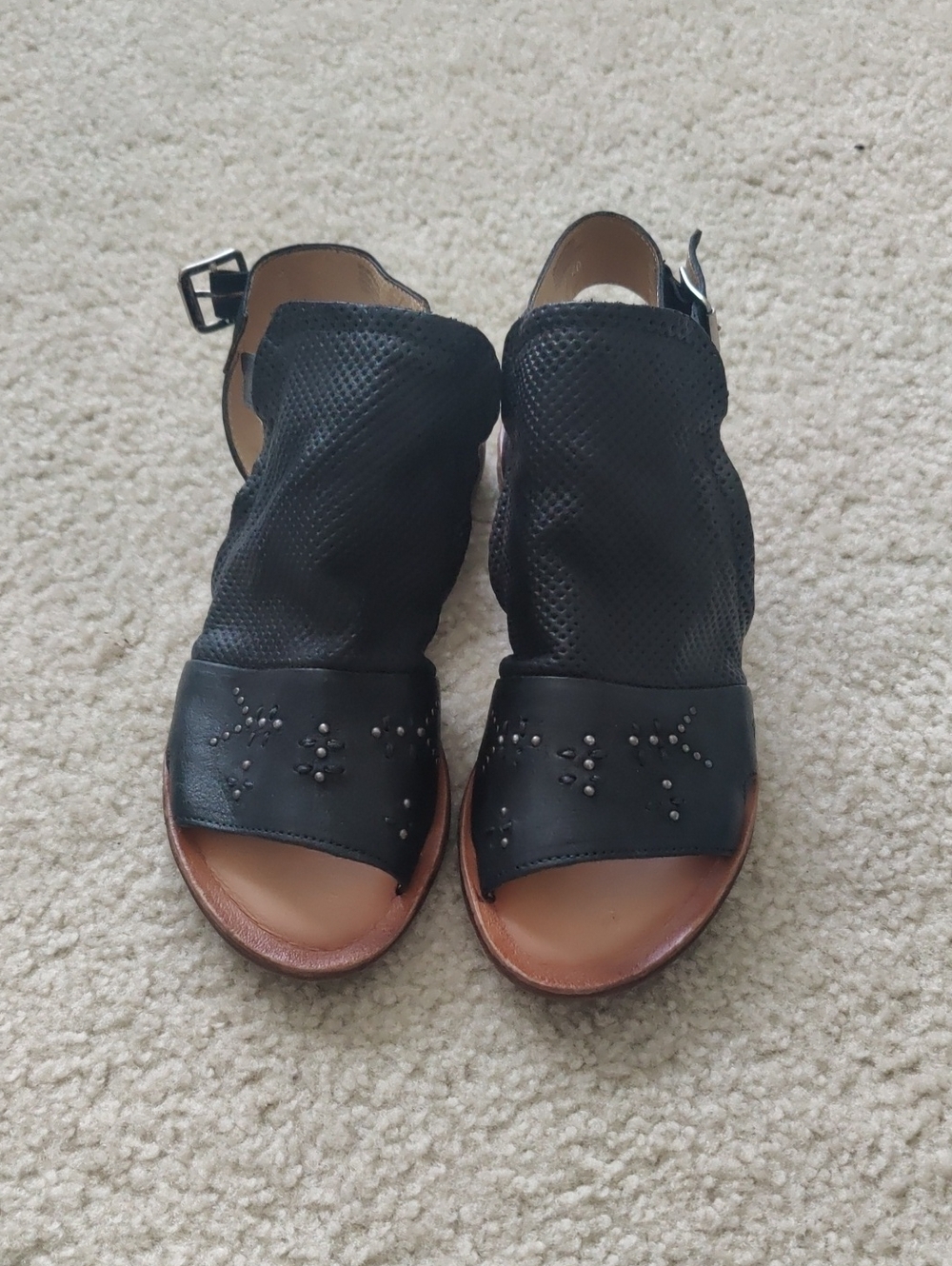 New!MizMooz Fifi Womens BlackPerforated Leather Open-Toe Sandals Stud Detail Y2k